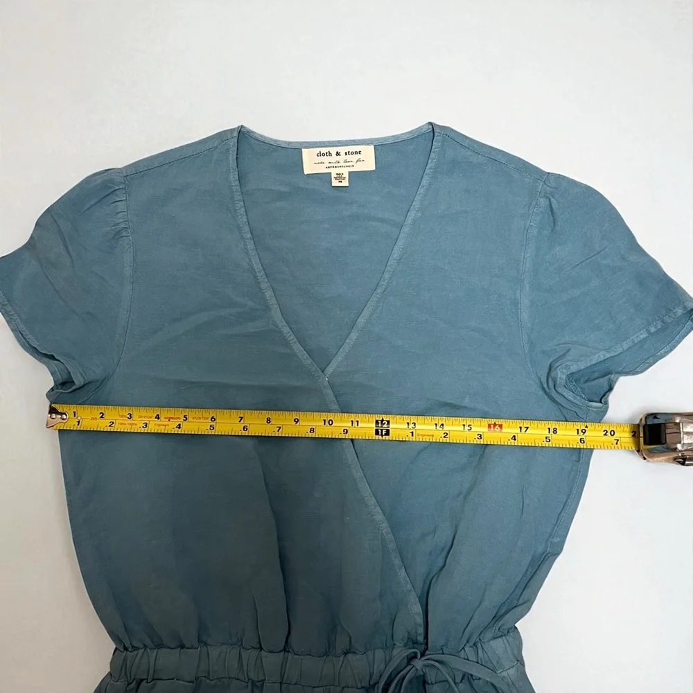 Cloth & Stone Anthropologie Linen Blend Jumpsuit Blue Wrap Short Sleeve Size M - Picture 7 of 16